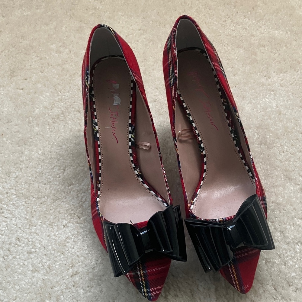 Betsey Johnson Red Plaid Heels with Black Bow